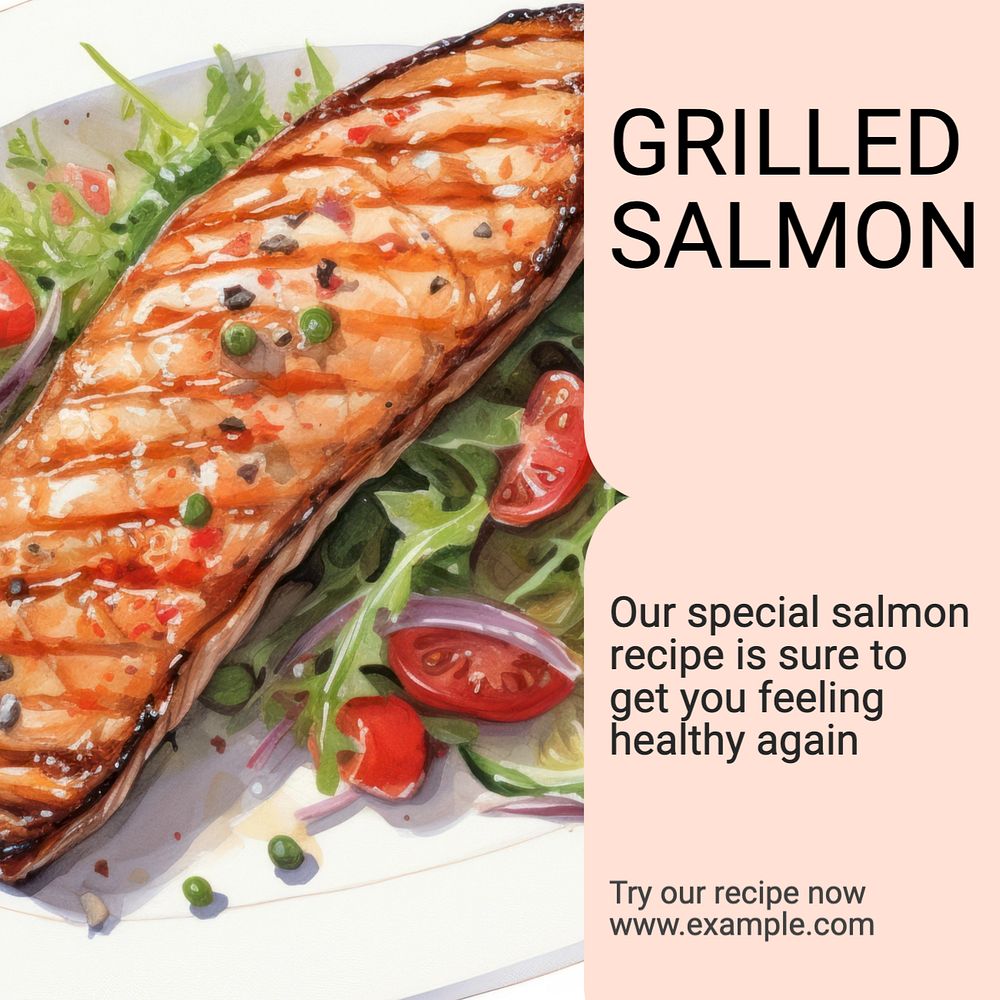 Grilled salmon, restaurant Instagram post template, editable text