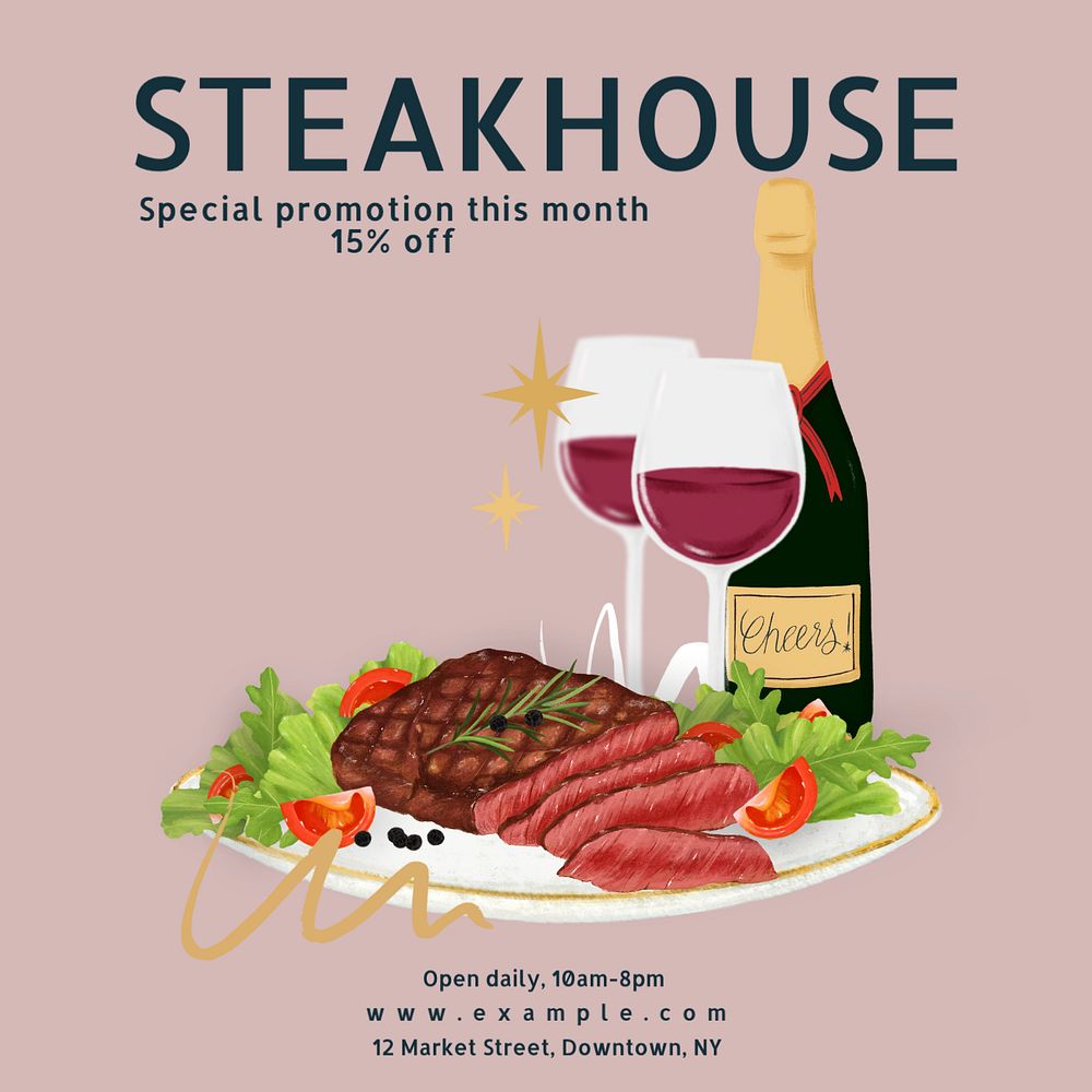 Steakhouse restaurant Instagram post template, editable text