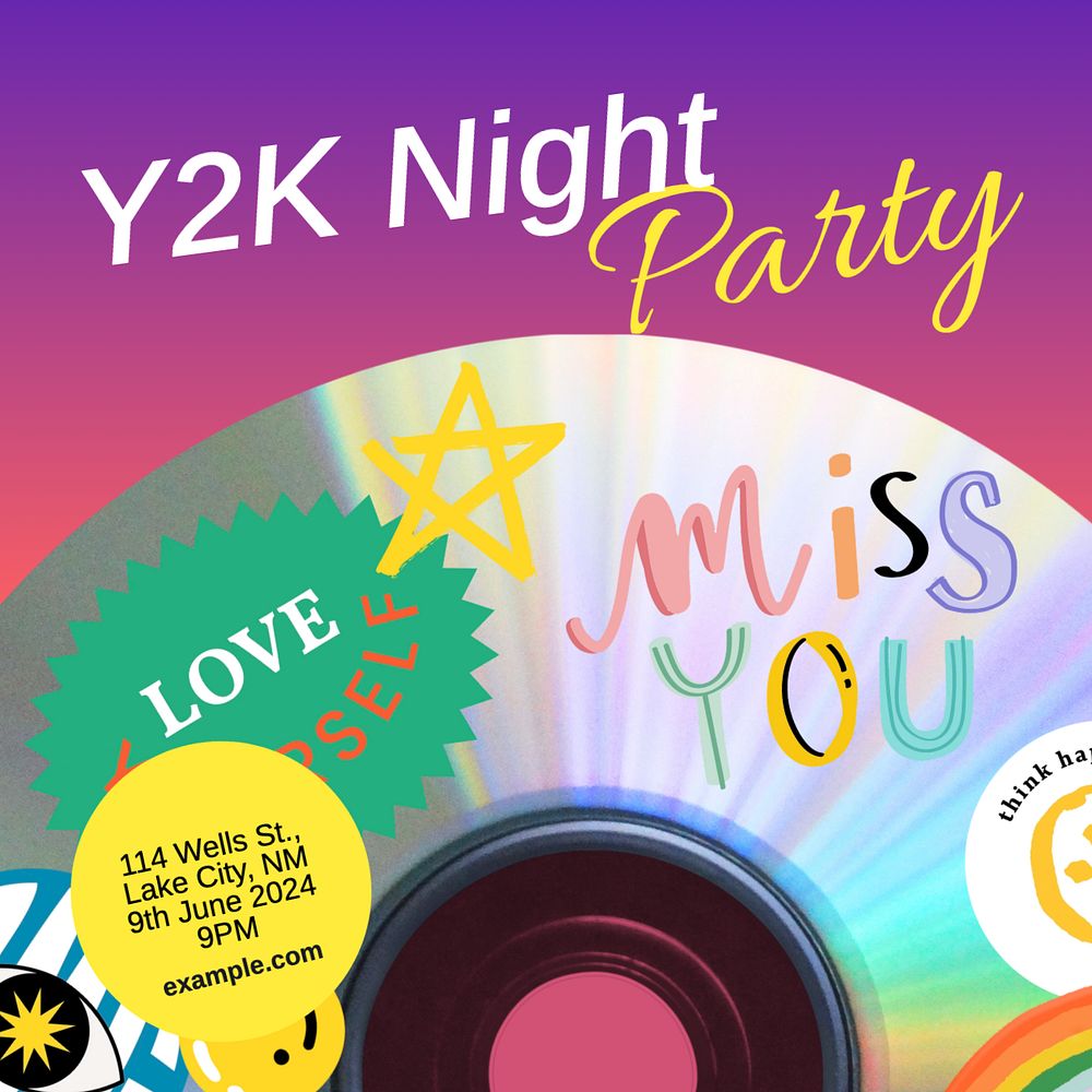 Y2K night party Instagram post template, editable text