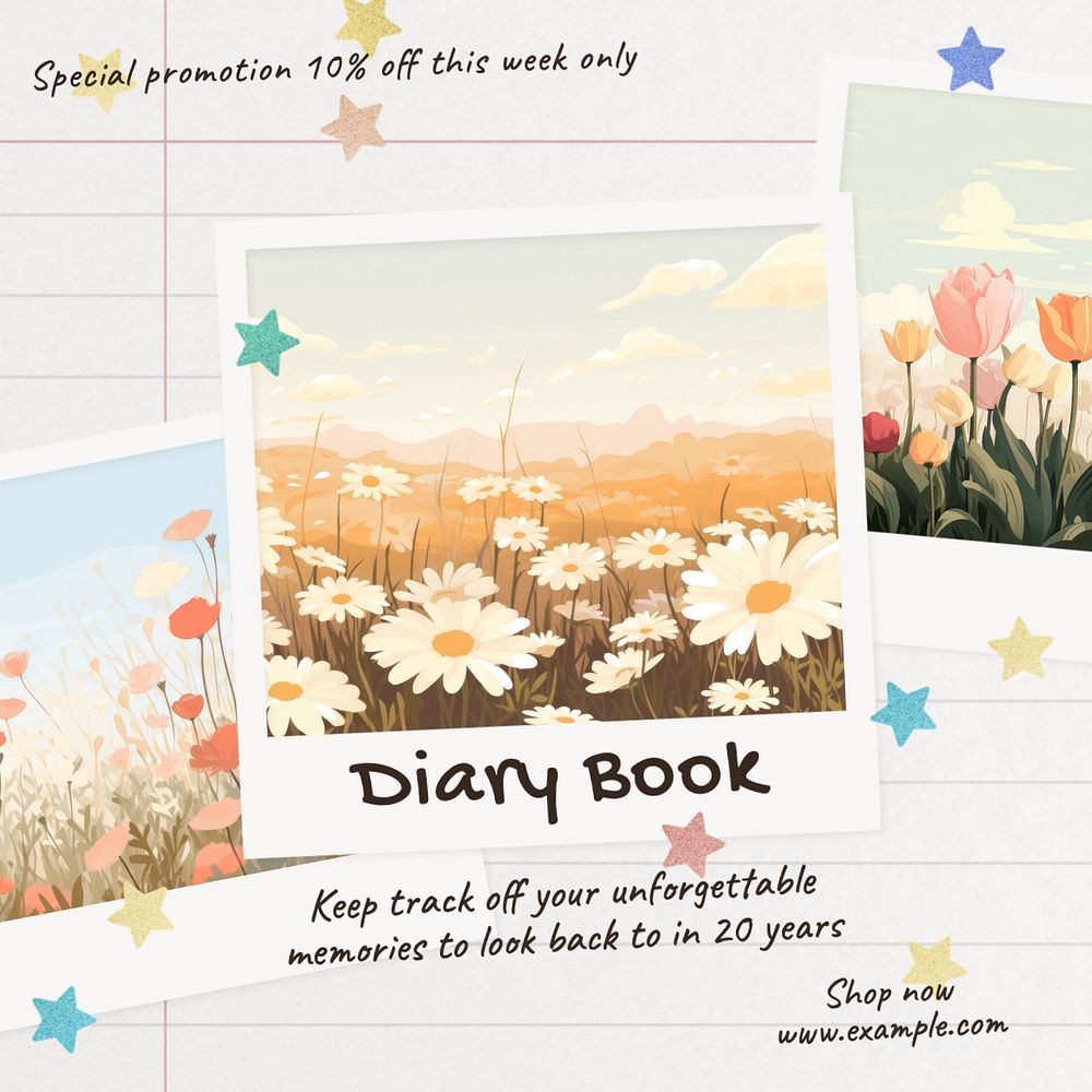 Diary book Instagram post template, editable text