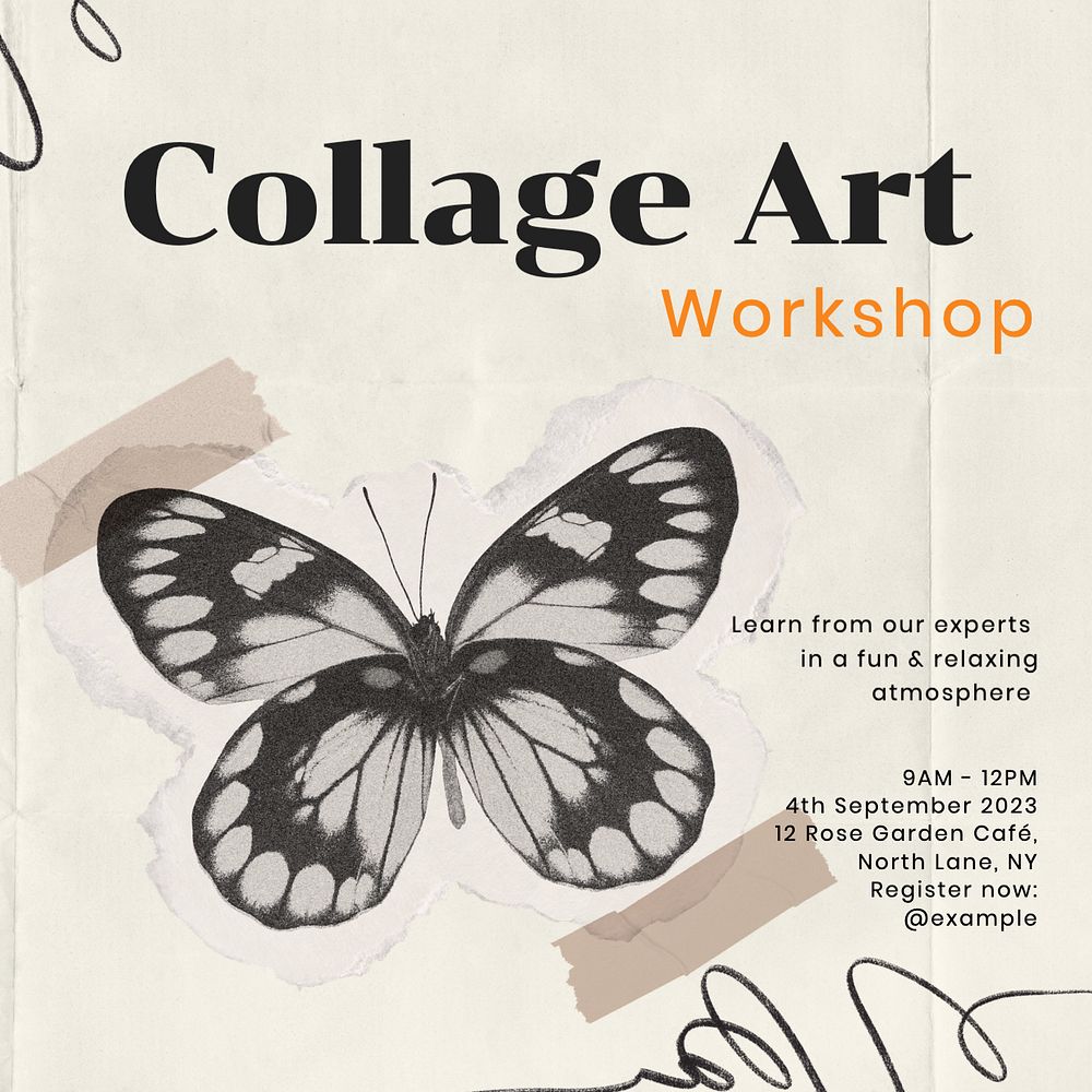 Collage art workshop Instagram post template, editable text