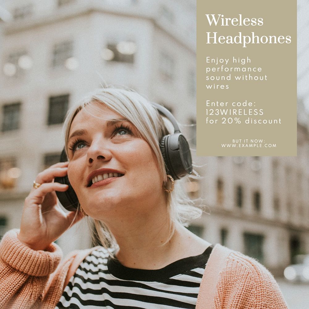 Wireless headphones Instagram post template, editable text