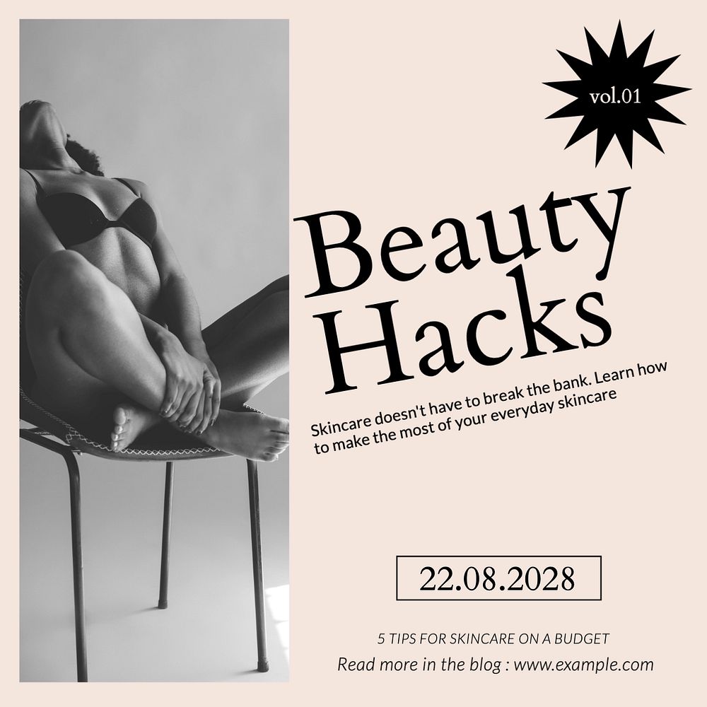 Beauty hacks Instagram post template, editable text