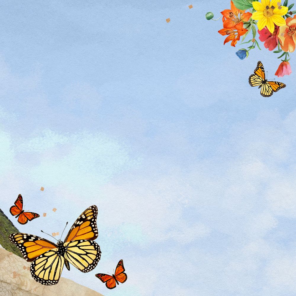 Blue sky background, colorful butterfly border, editable design