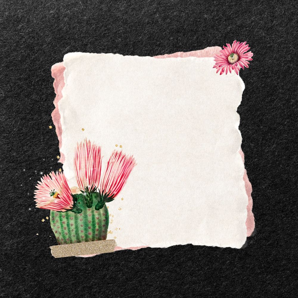 Pink cactus flower, note paper remix, editable design