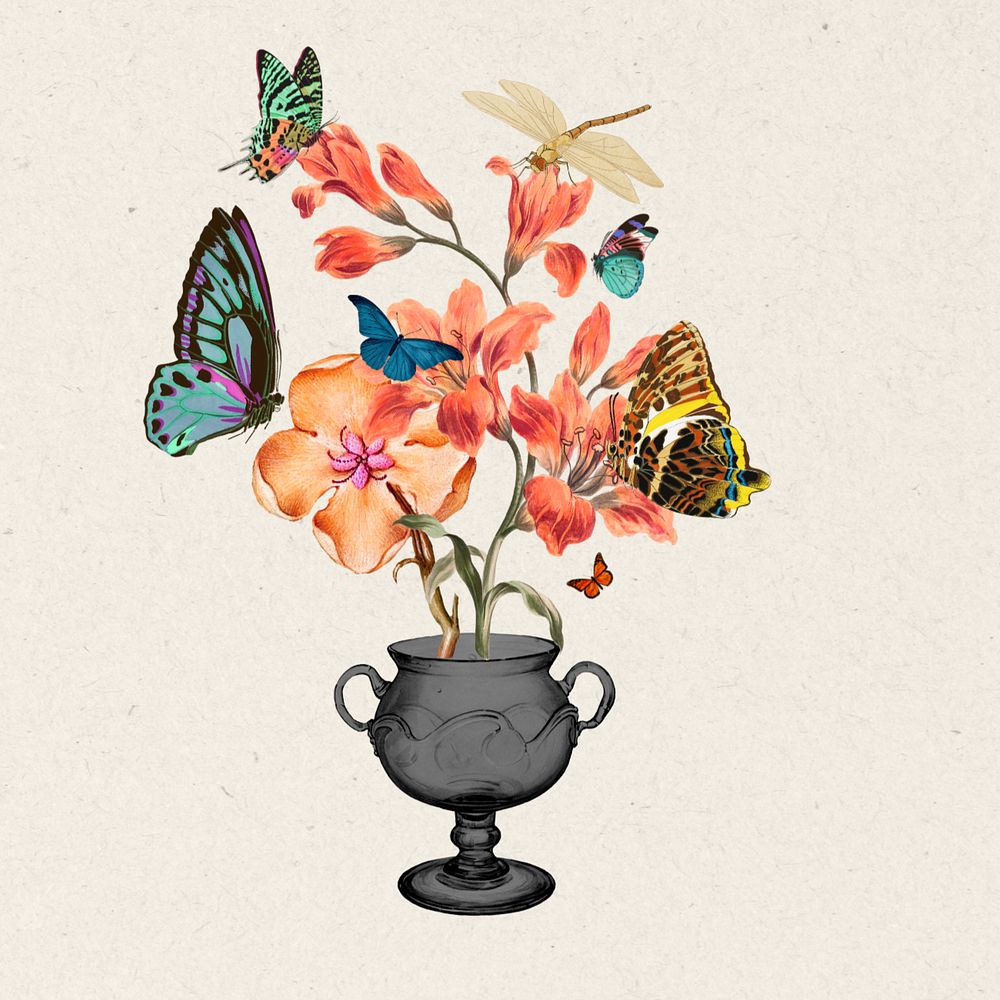 Flower and butterfly, vintage botanical illustration. Remixed by rawpixel.