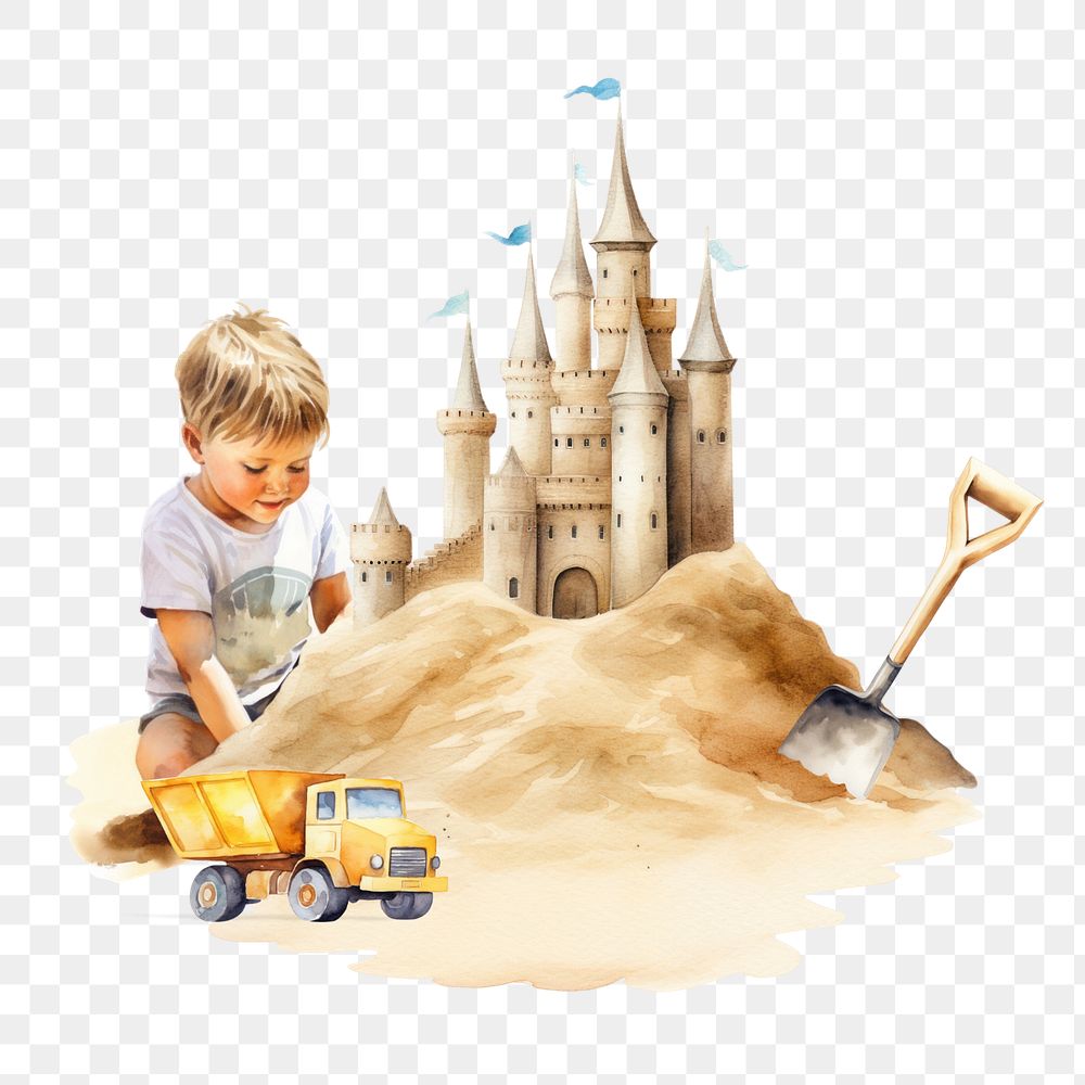 Boy building sand castle by the beach png, watercolor illustration, editable remix