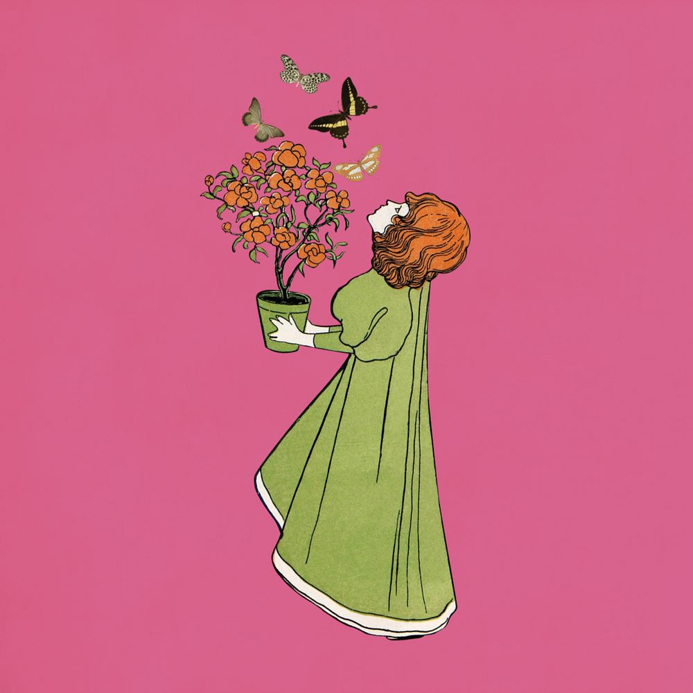 Girl holding flower pot, Josef Rudolf Witzel's vintage illustration. Remixed by rawpixel.