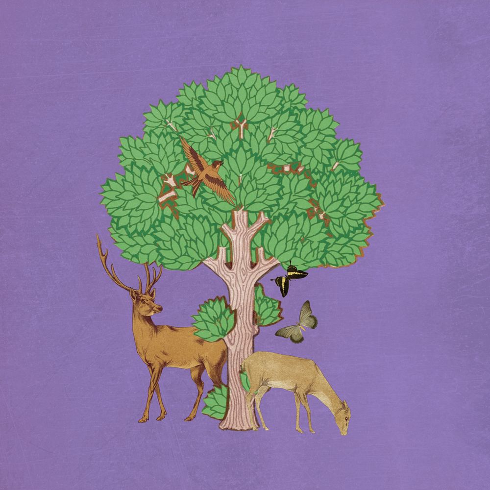 Stag deer and tree, vintage animal illustration. Remixed by rawpixel.