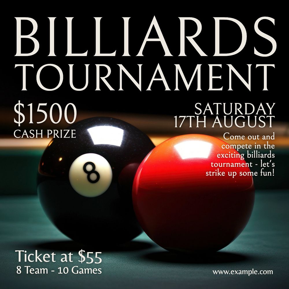 Billards tournament Instagram post template, editable text