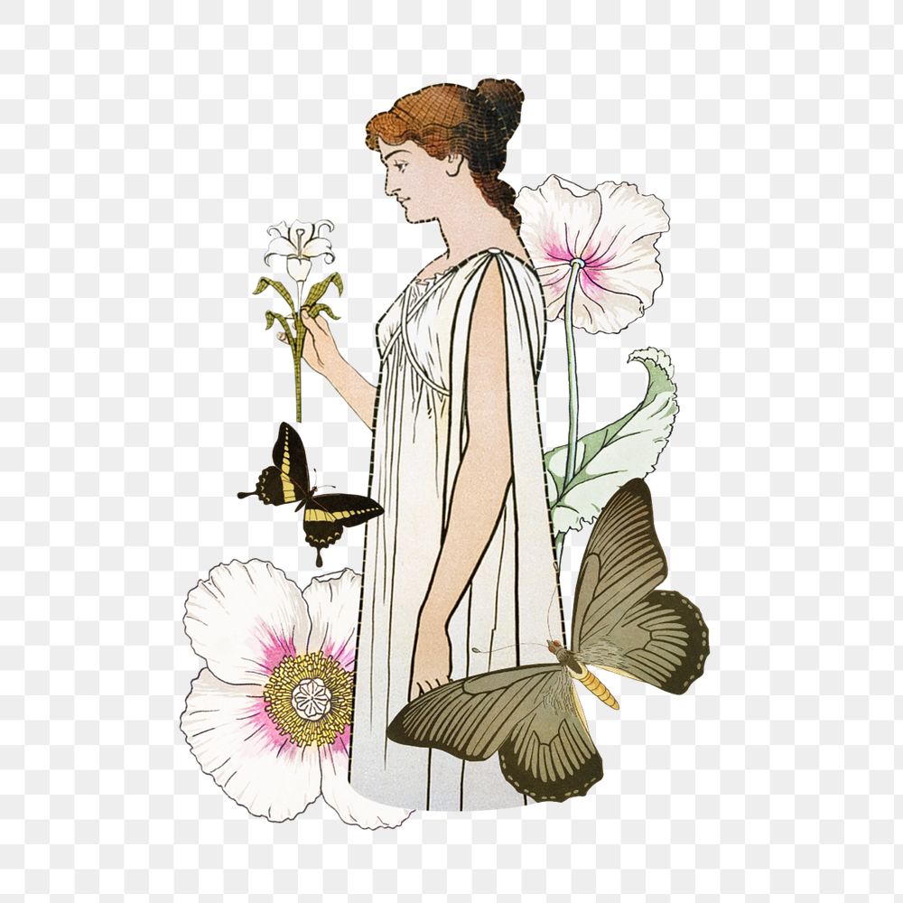 Woman holding flower png, vintage art nouveau illustration. Remixed by rawpixel.