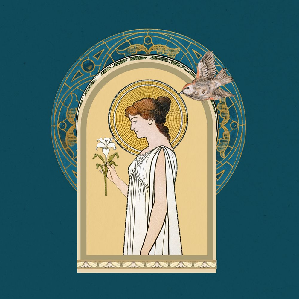 Woman holding flower, vintage art nouveau illustration. Remixed by rawpixel.