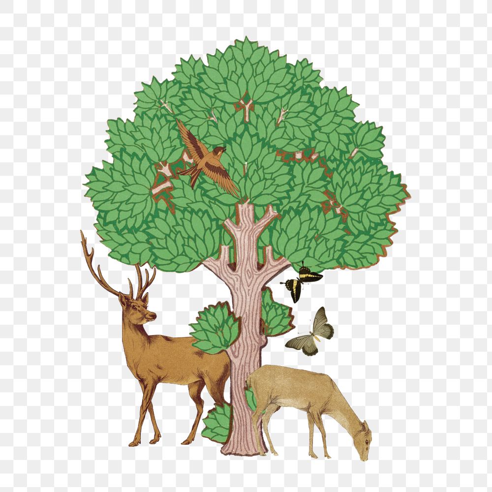 Stag deer and tree png, vintage animal illustration. Remixed by rawpixel.