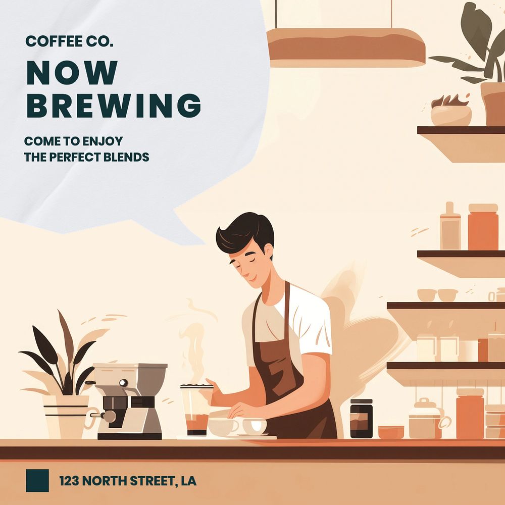 Now brewing, cafe Instagram post template, editable text