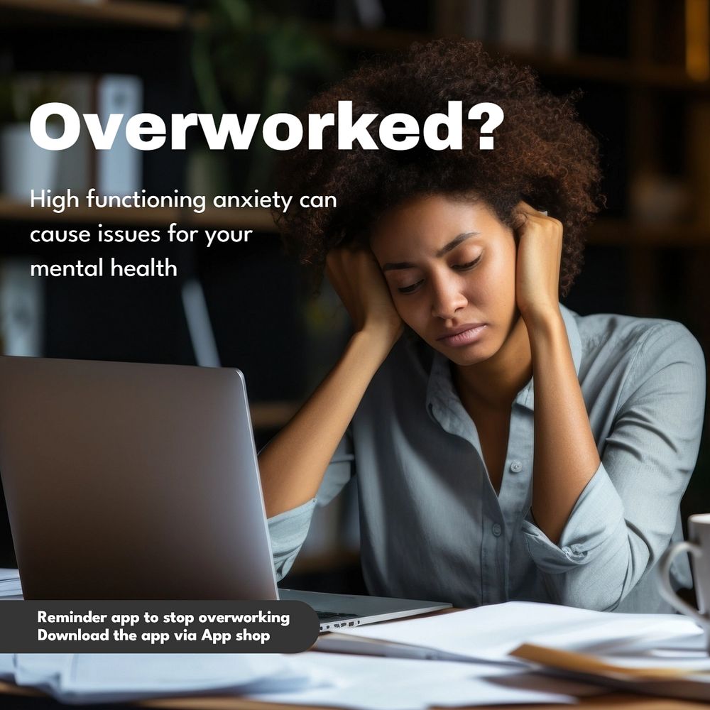 Overworking app ad Instagram post template, editable text