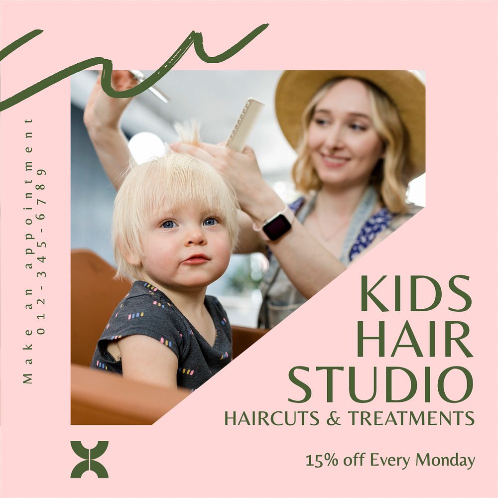 Kid's hair studio Instagram post template, editable text