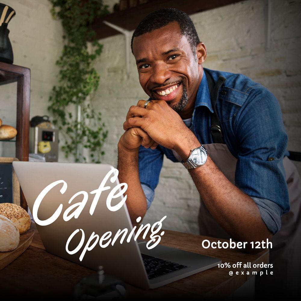 Cafe opening Instagram post template, editable text