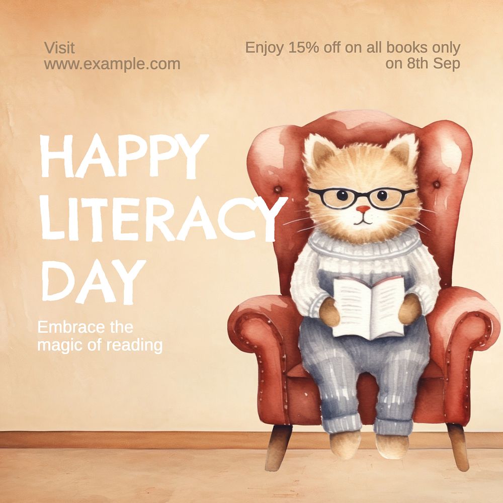 Happy literacy day Instagram post template, editable text