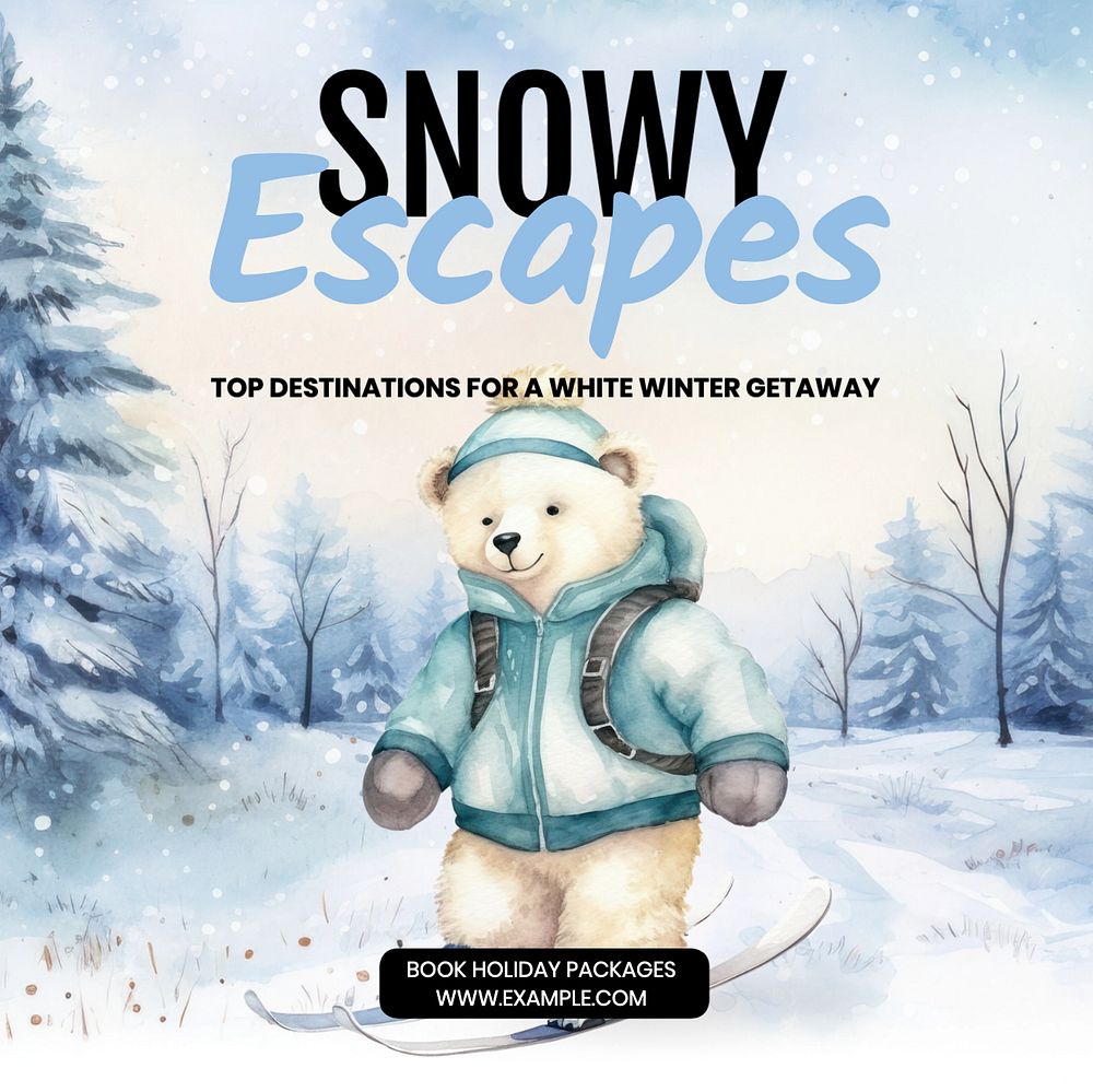 Snowy escapes Instagram post template, editable text