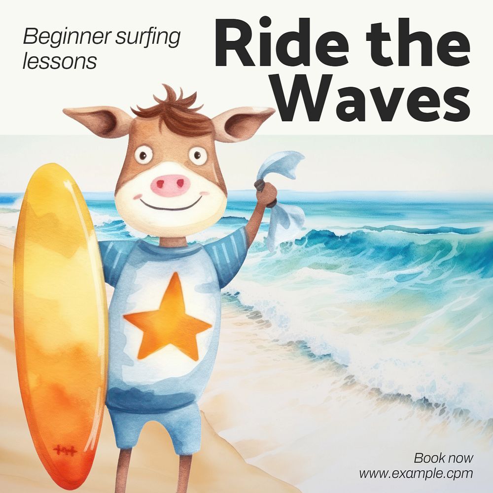 Surfing lessons Instagram post template, editable text