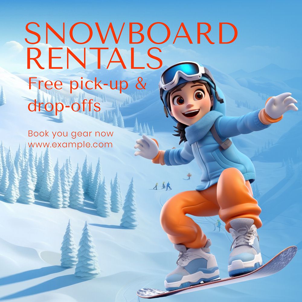 Snowboard rentals Instagram post template, editable text