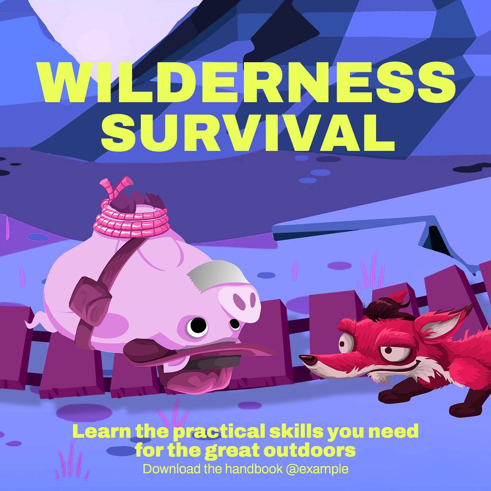 Wilderness survival Instagram post template, glitch game editable design