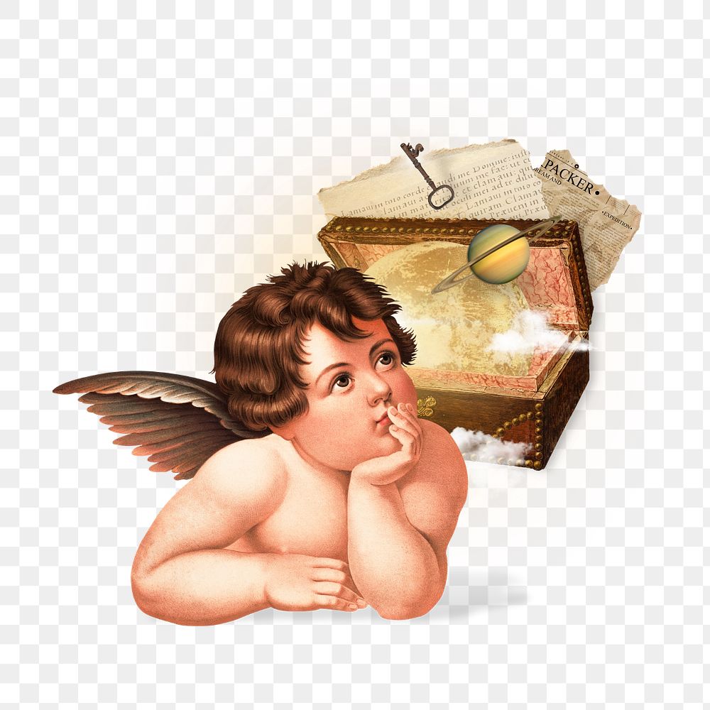 PNG Cherub treasure chest illustration transparent background editable design