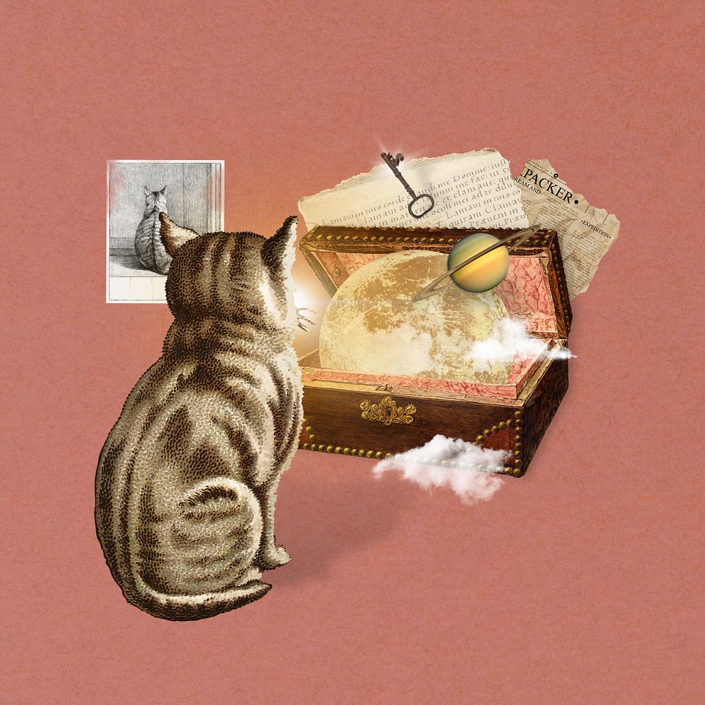 Vintage cat fantasy world collage remix editable design