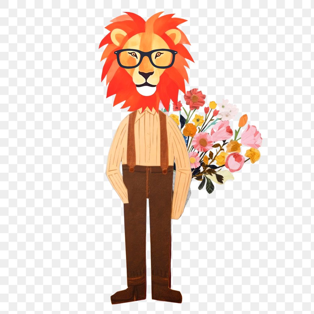 Lion man holding flower bouquet paper craft editable remix