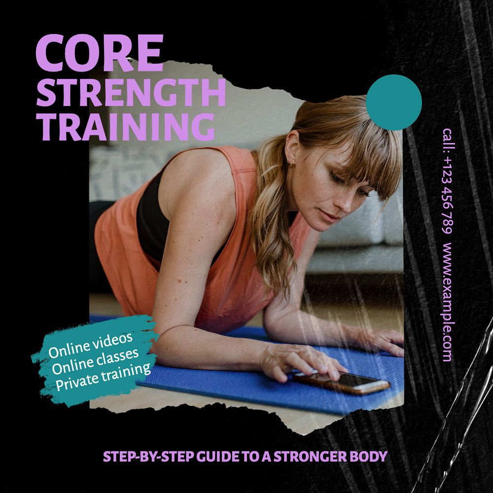 Core strength training Instagram post template, editable text