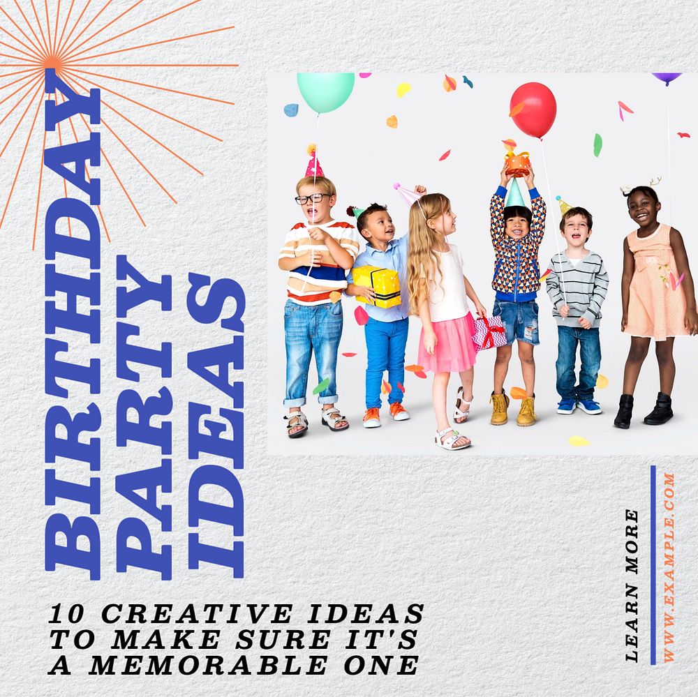 Birthday party ideas Instagram post template, editable text