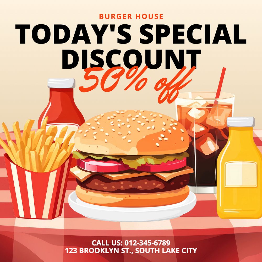 Burger discount Instagram post template, editable text