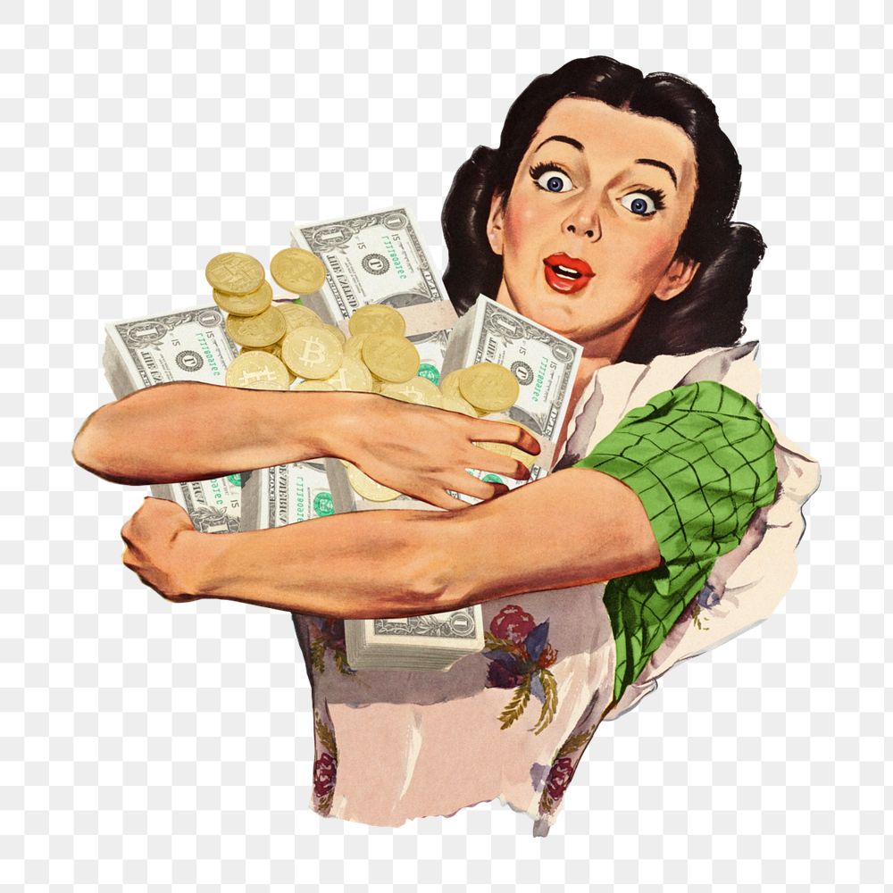 PNG Vintage woman holding money, finance illustration transparent background editable design