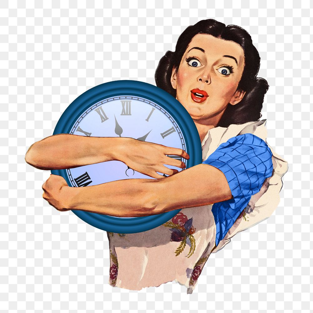 PNG Time management, woman holding clock illustration transparent background editable design