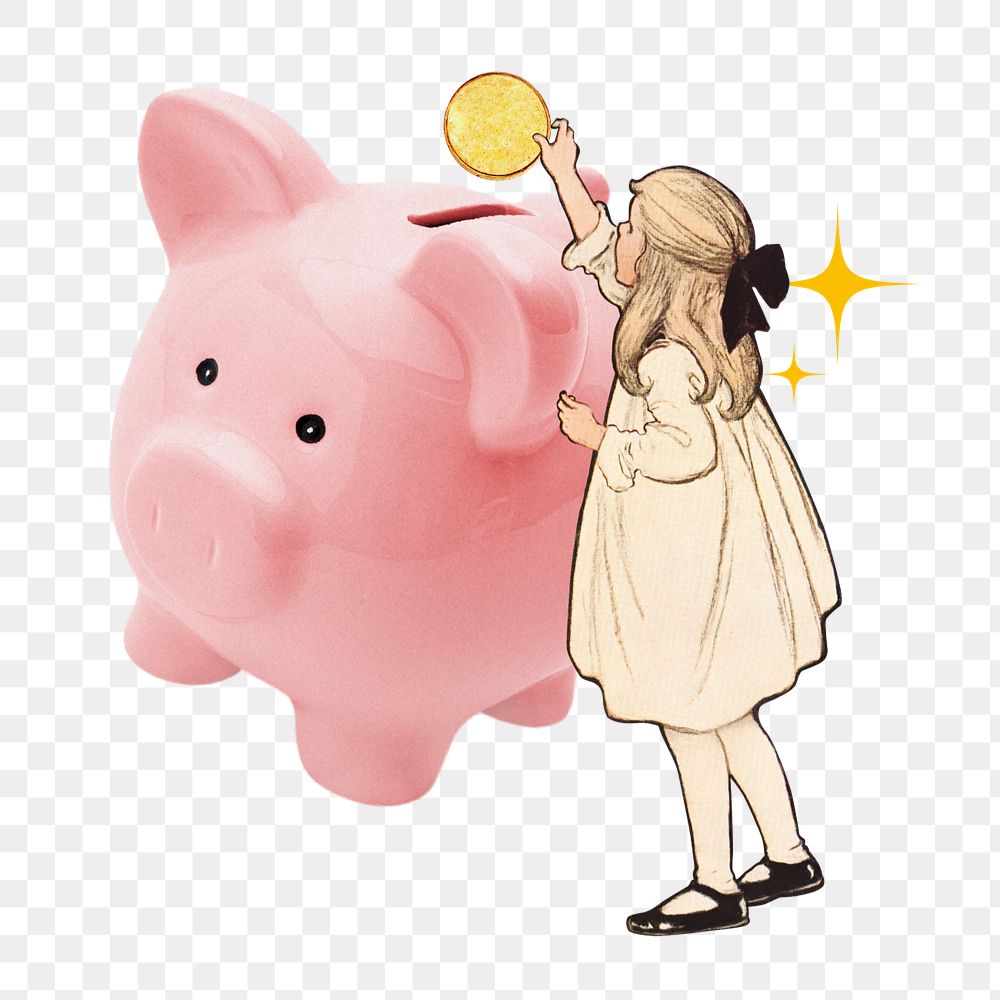 PNG Piggy bank finance, vintage girl illustration transparent background editable design