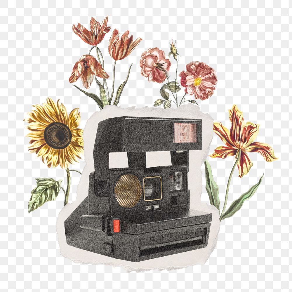 PNG Retro film camera, flower design