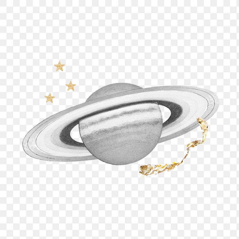 PNG Saturn black and white collage element, celestial gold star png, transparent background 