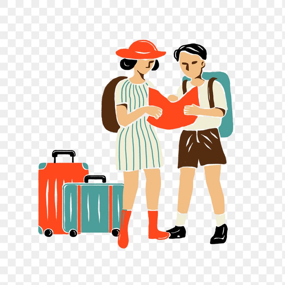 PNG Travel couple retro illustration, transparent background