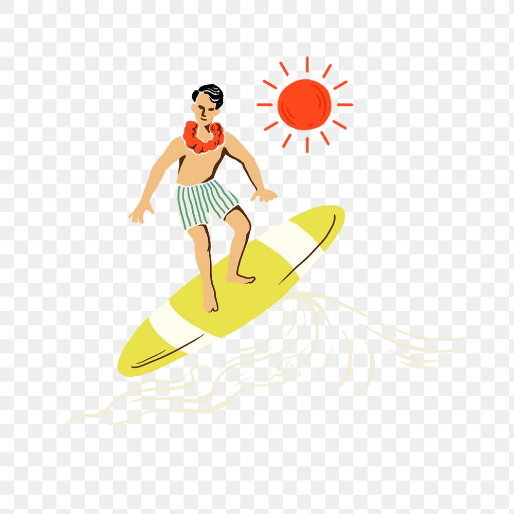 PNG Man surfing retro illustration, transparent background