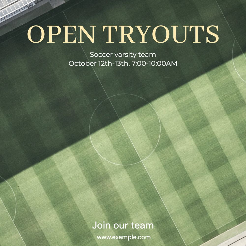 Soccer team tryout Facebook post template, editable design