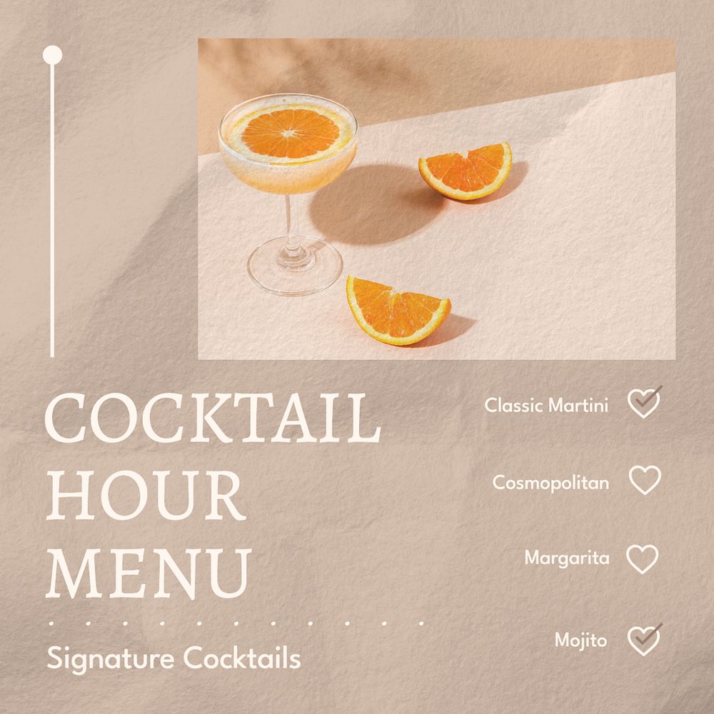 Cocktail hour menu Facebook post template, editable design