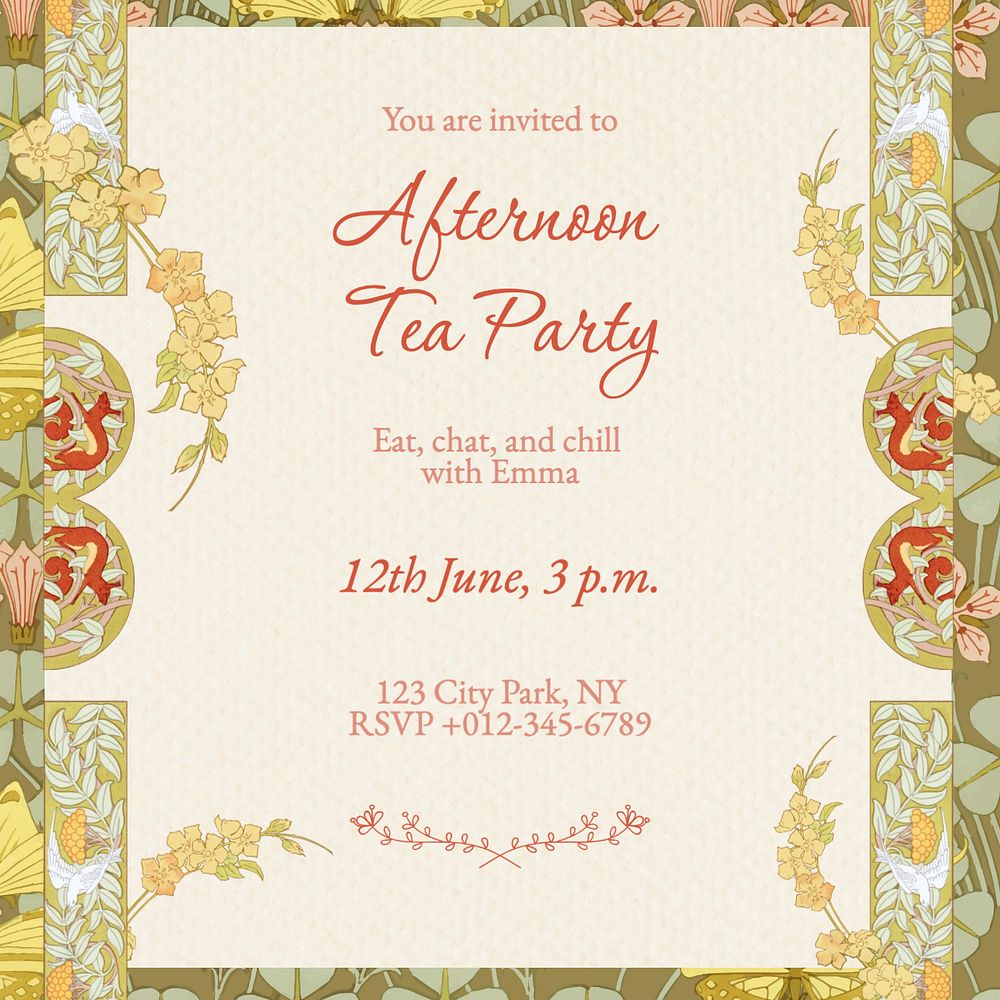 Tea party invitation Instagram post template, editable text