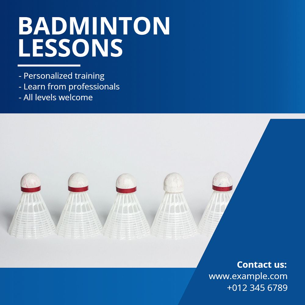 Badminton lessons Instagram post template, editable text