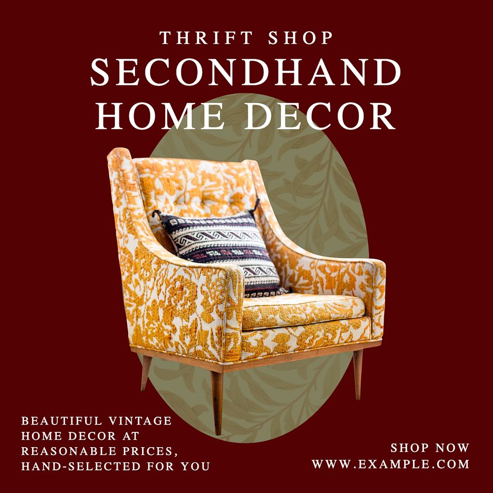 Secondhand decor shop  Instagram post template, editable text