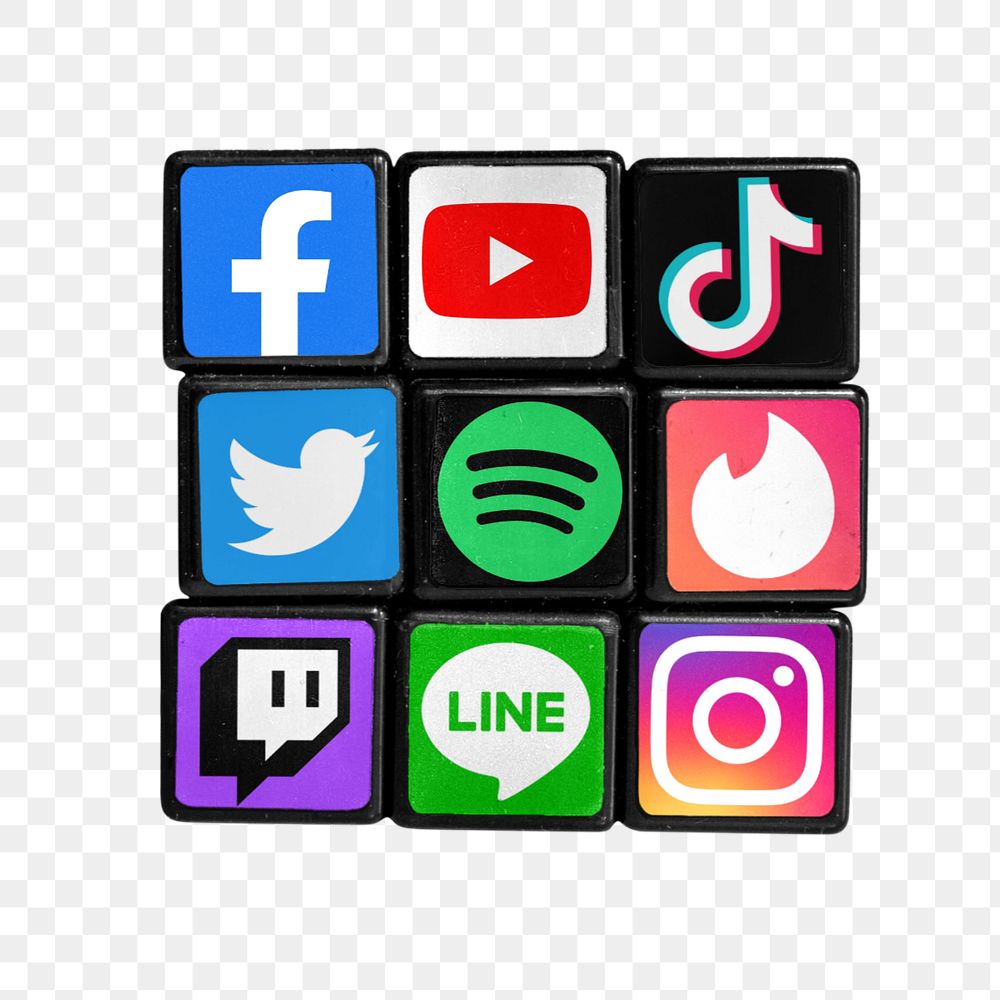 Editable puzzle cube mockup element with social media icons, Facebook, Instagram, Twitter, TikTok, YouTube logos