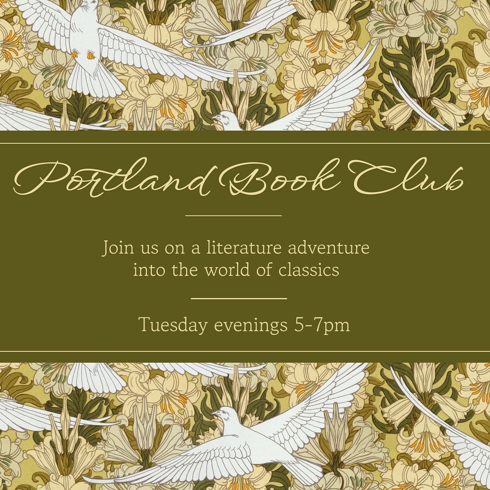 Book club Instagram post template, green bird pattern, famous Maurice Pillard Verneuil artwork remixed by rawpixel