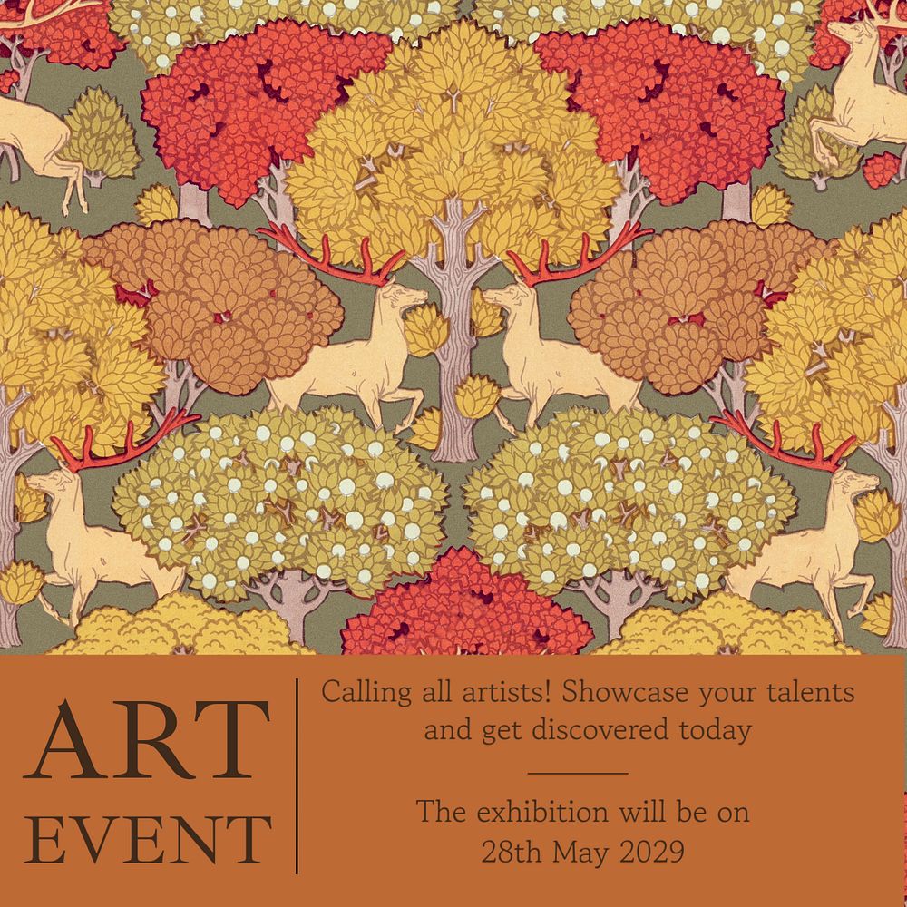 Art event Instagram post template, vintage art deco, famous Maurice Pillard Verneuil artwork remixed by rawpixel