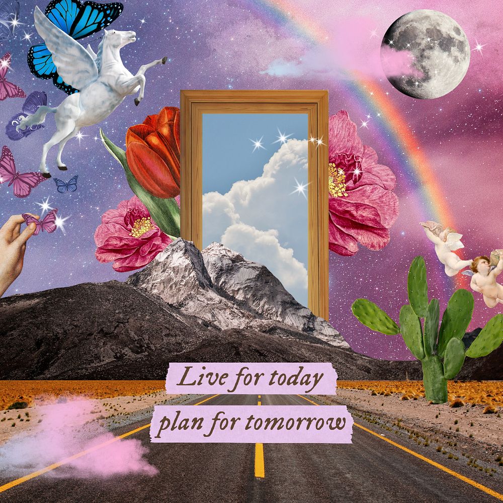Dreamy pastel template, surrealism collage art with quote