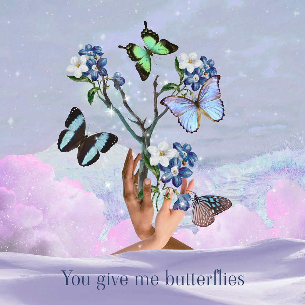 Butterflies collage Instagram post template, aesthetic hands design