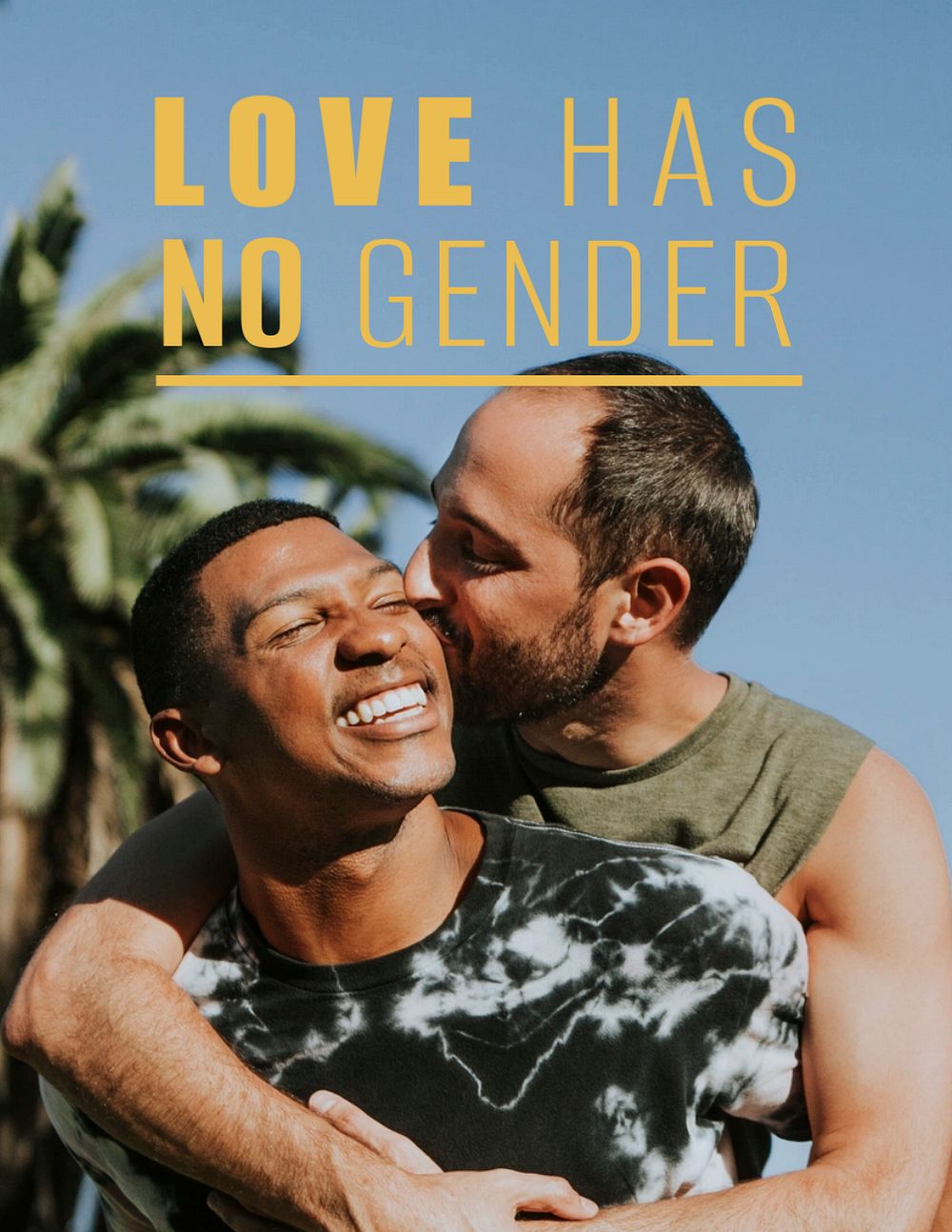 LGBTQ couple flyer template, love has no gender quote